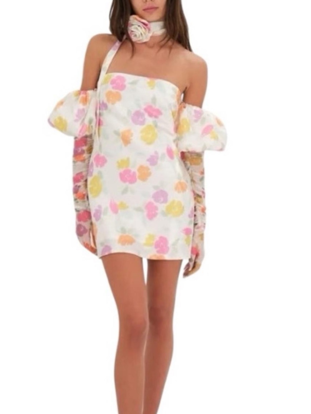 For Love & Lemons Strapless Floral Mini Dress in White, Pink & Yellow